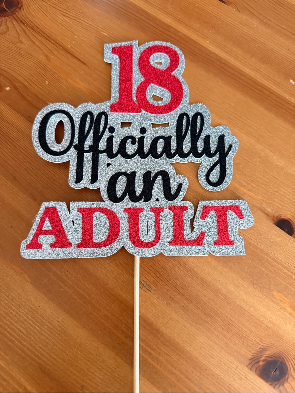 18 Officially an Adult Silver Glitter Red & Black Cake Topper